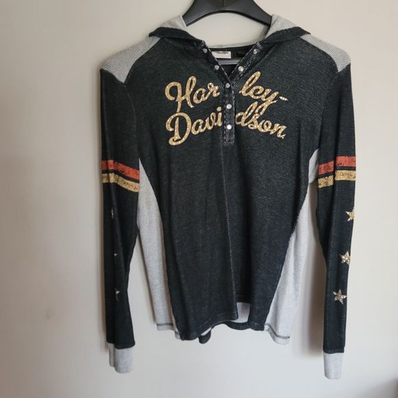 Harley Davidson Gray Thermal Long Sleeve Shirt Stars Stars Pearl Snap Womens XL - Picture 9 of 16